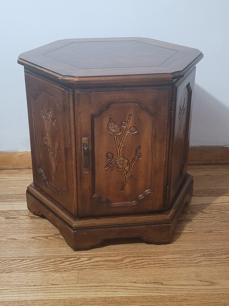 Mid-Century Hexagonal Drum Wood Side End Table  With Storage