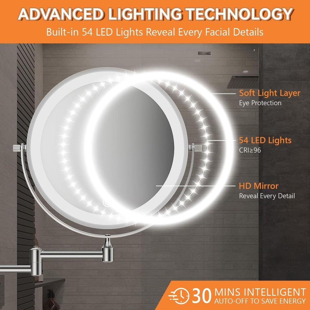 8'' Wall Mounted Lighted Makeup Mirror 1X/20X Magnifying Rechargeable Chrome