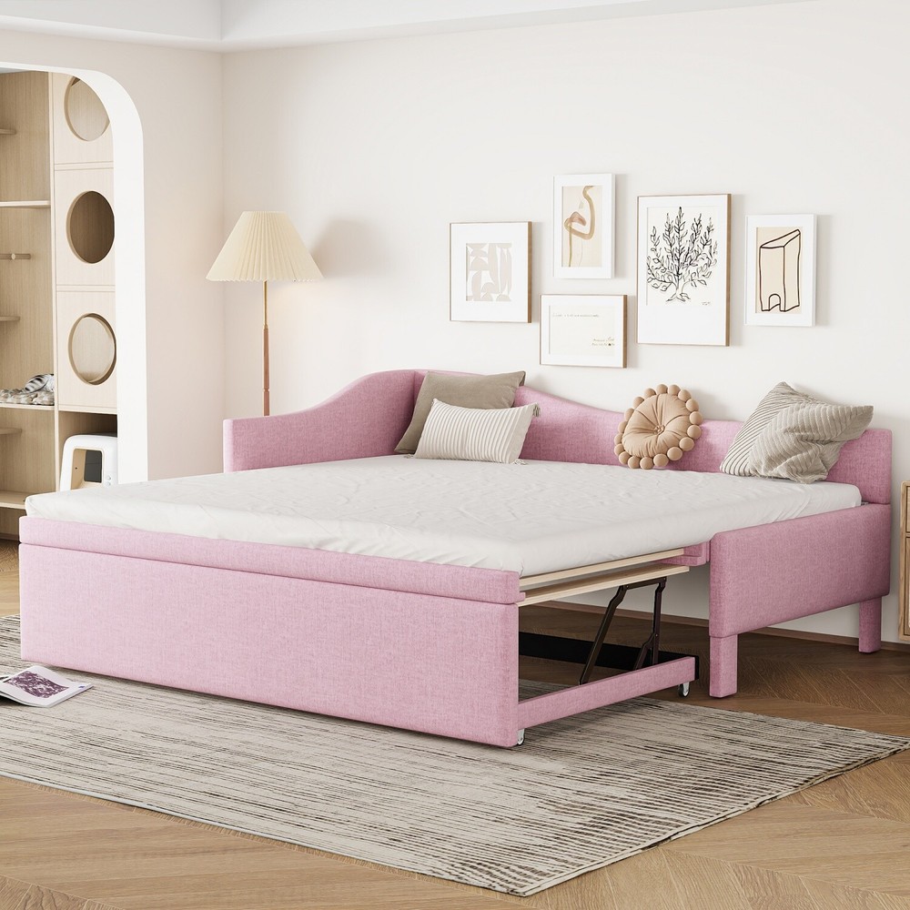 Twin Size Daybed Linen Upholstered Bed Frame Sofa Bed w/ Pull Out Trundle Bed