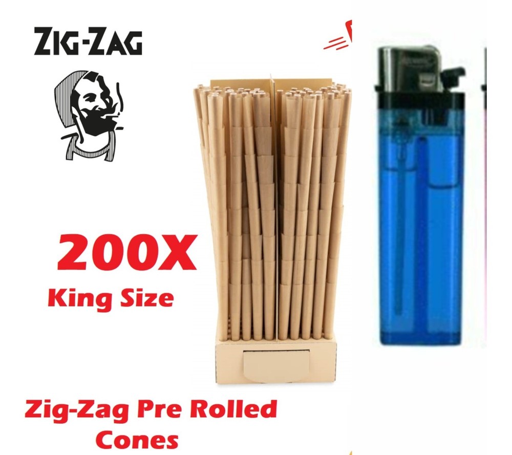 Zig-Zag King Size Unbleached Pre rolled Cone 200 Cones Free Lighter