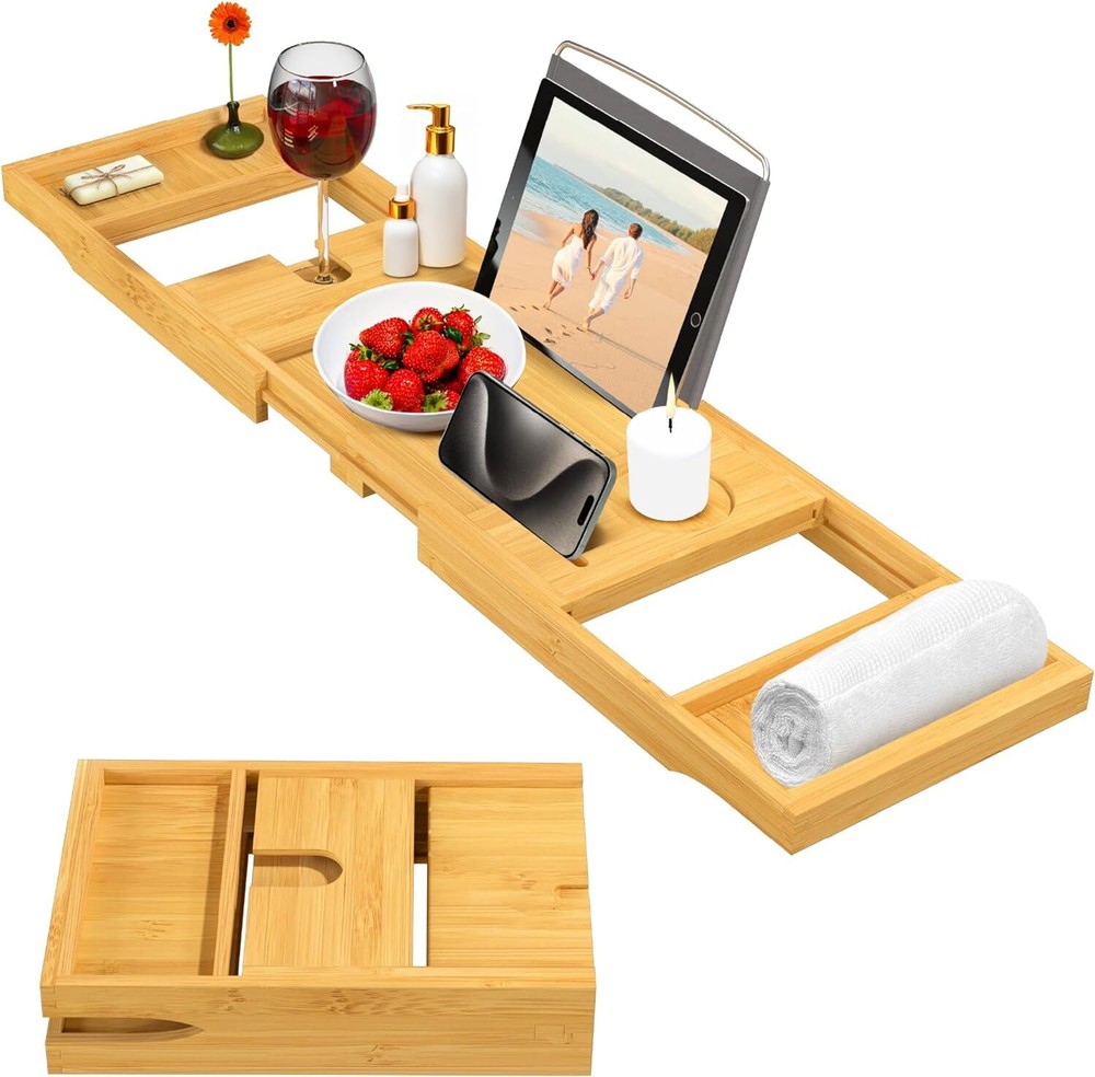 Bamboo Bathtub Tray Table - Collapsible & Adjustable Bathtub Caddy | Space-Savin