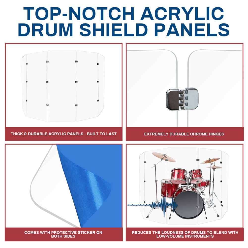 DS4 Professional Drum Shield - Five Clear Acrylic Panels with Chrome Hinges