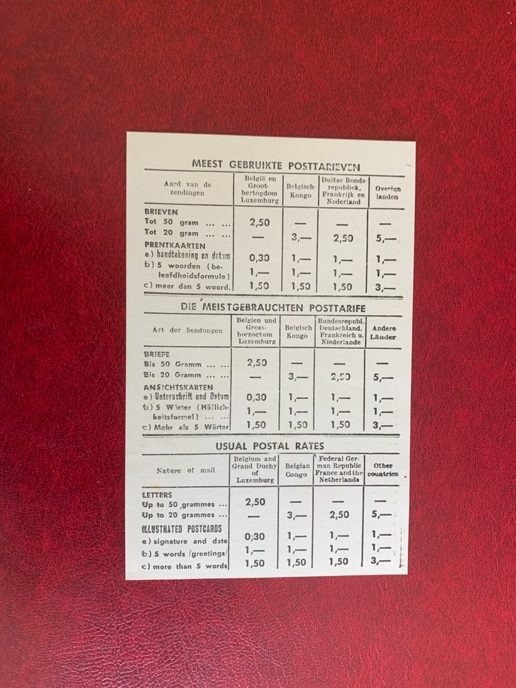 BELGIUM 1960s MINT CARD POSTAL TARIFFS TARIFS POSTAUX USUELS