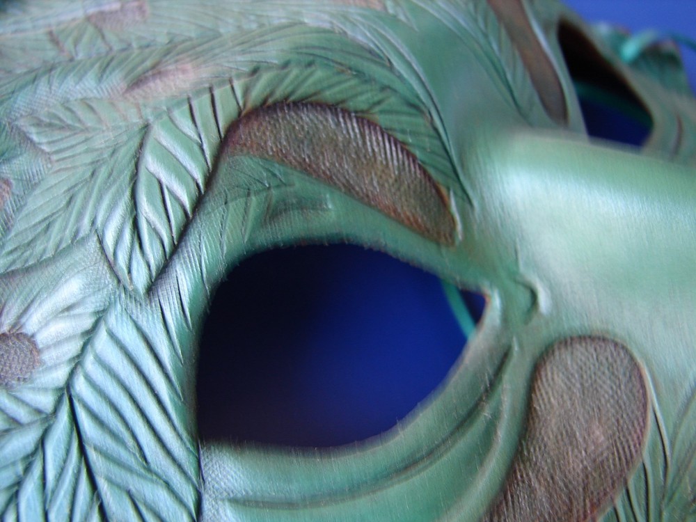 Mask Handcrafted Leather Green Leaf Design Display Signed/dated 1999 by AMH