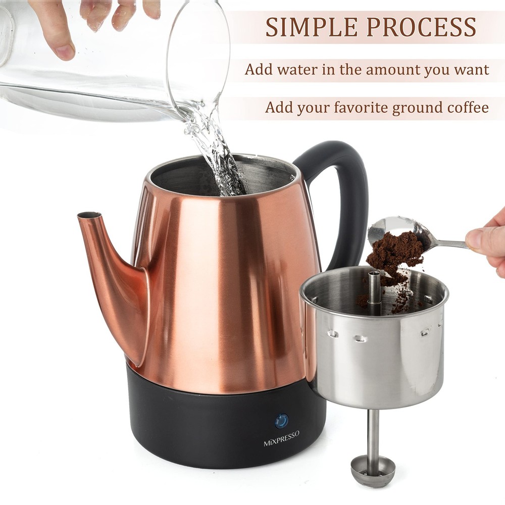 Electric Coffee Percolator 4 Cup Copper Stainless Steel Pot Keep Warm Function