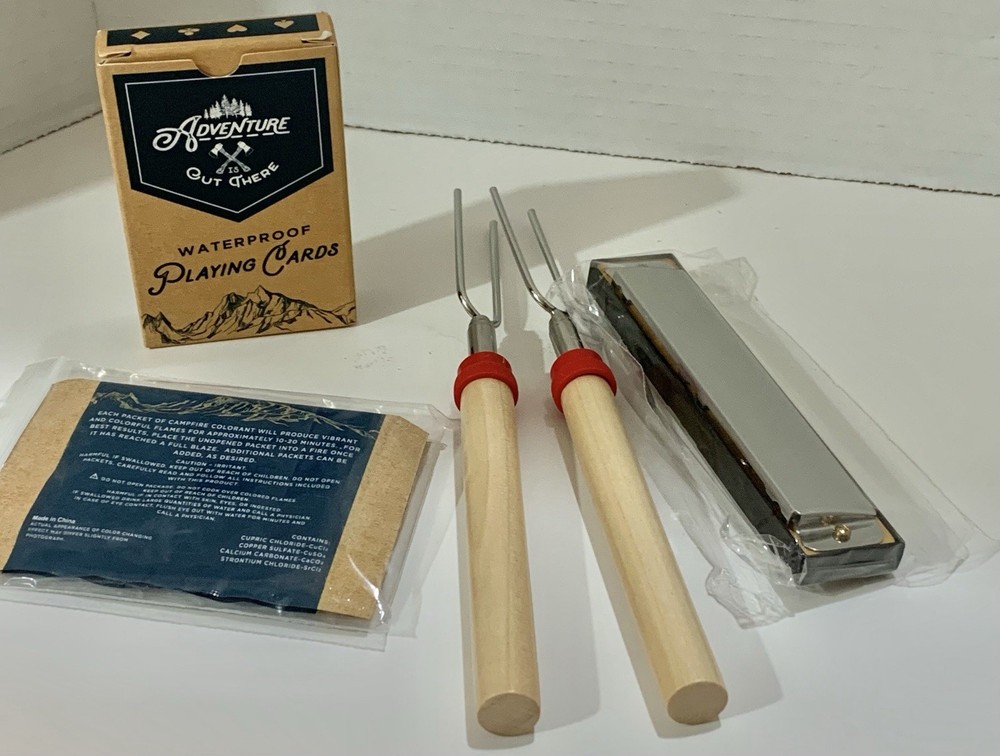 Camping Outside Barnfire Set. Waterproof Playing Cards, Picks, Harmonica, Color