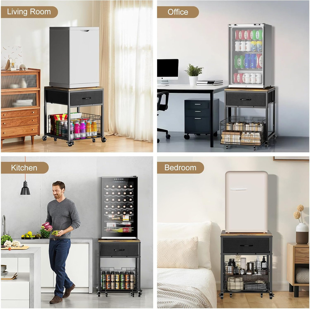 Height-Adjustable Mobile Mini Fridge Stand with Storage and Rolling Cabinet