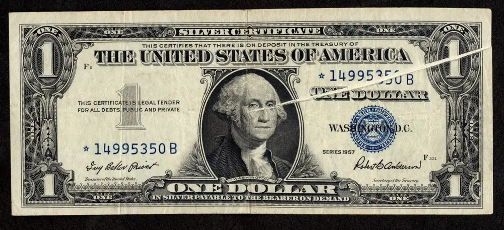 $1 1957 Silver Certificate STAR ERROR  Gutter Fold on Both Sides Blue Seal Ch VF