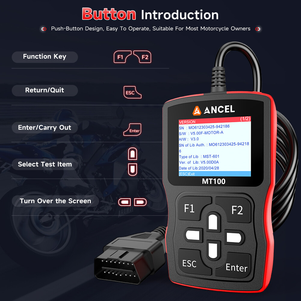 ANCEL MT100 Motorcycle Scanner OBD2 Code Reader Engine ABS Diagnostic Tool