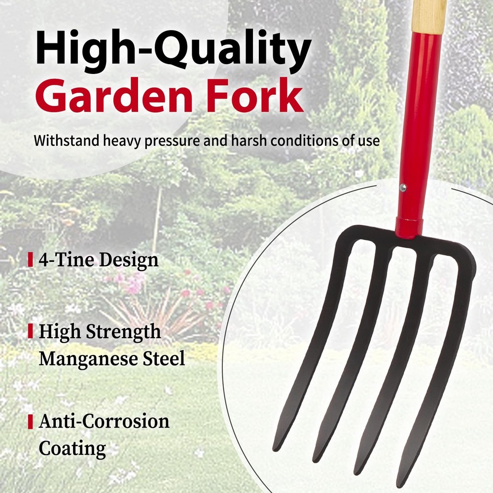 Heavy Duty Garden Fork for Digging, 4 Tines Pitch Fork for Gardening Compost,...