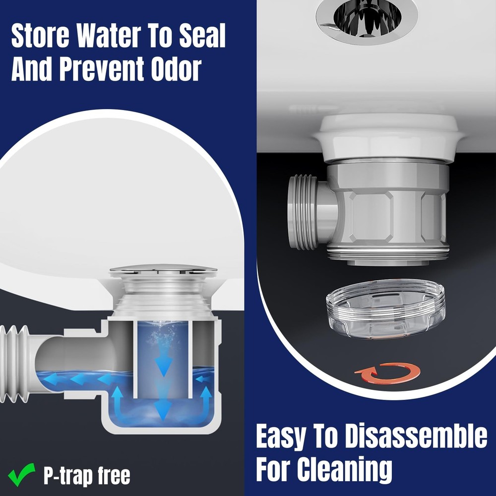 Bathroom Sink Drain Kit with Flexible Expandable Pipe Odor-Free Backflow-Prevent