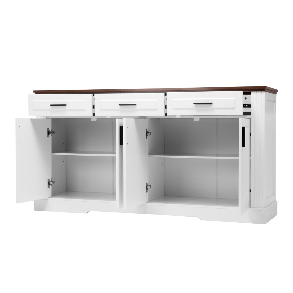 White 63" Buffet Cabinet, Fluted Sideboard w/ 4 Doors 3 Drawers