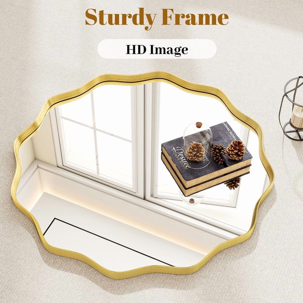 29" Wavy Round Decorative Mirror W/ Deep Frame Gold