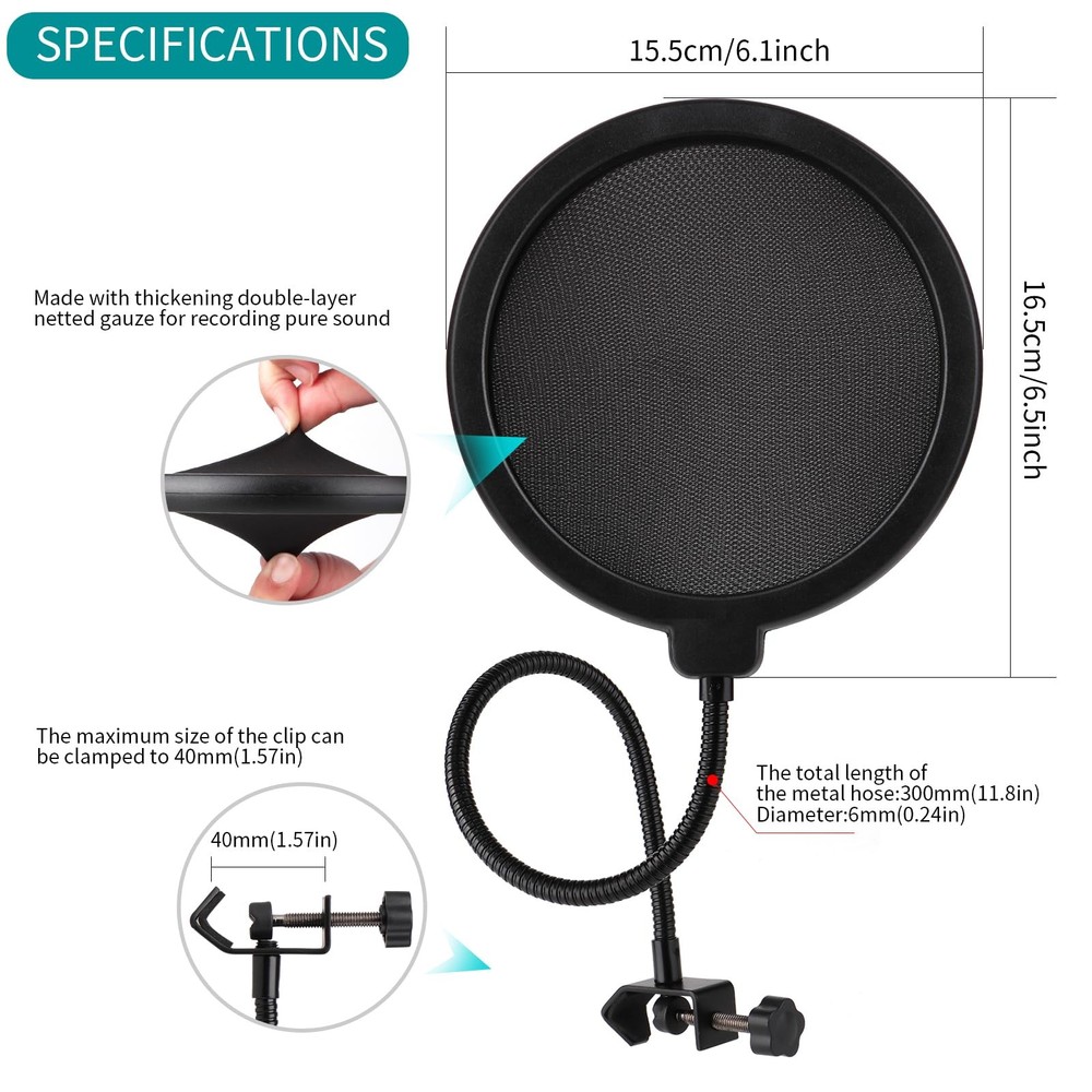 Professional Microphone Pop Filter Shield,Mic Wind Shield Screen with Blue Ye...