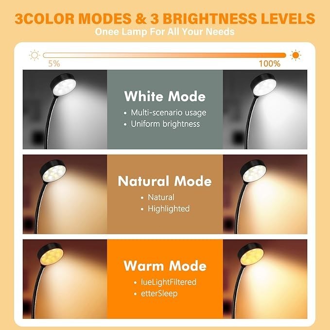 2 Pack Rechargeable Book Light Clip On Reading Light 3 Color 3 Brightness