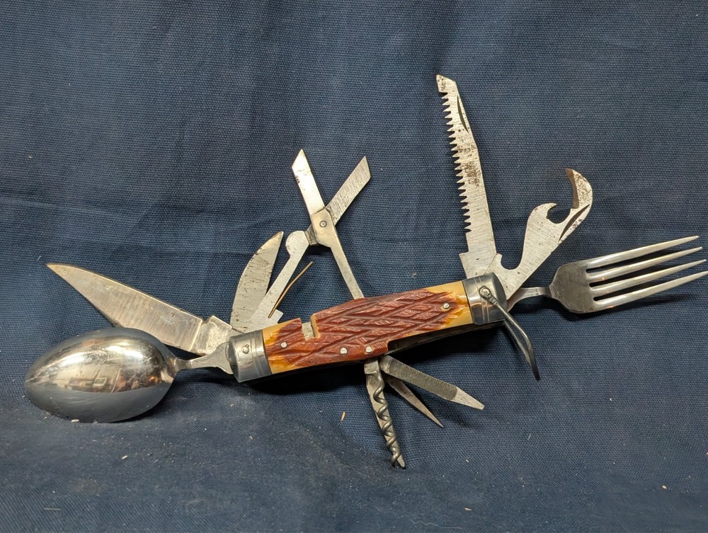 VINTAGE BONE/STAG HANDLE 11 TOOL CAMPING / FOLDING SURVIVAL TOOL, Made in JAPAN