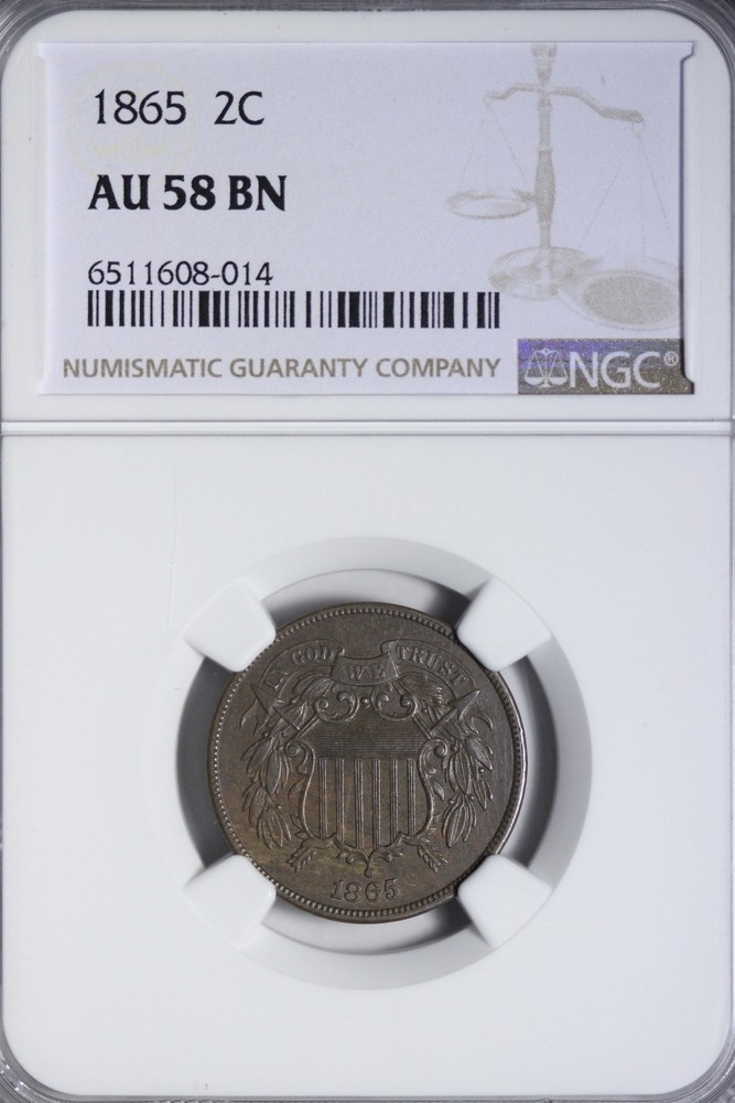 1865 Two 2 Cent Piece NGC AU58 SXCEM