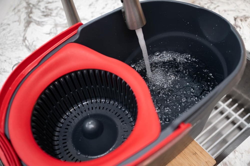 EasyWring Microfiber Spin Mop, Bucket Floor Cleaning System, Red, Gray,