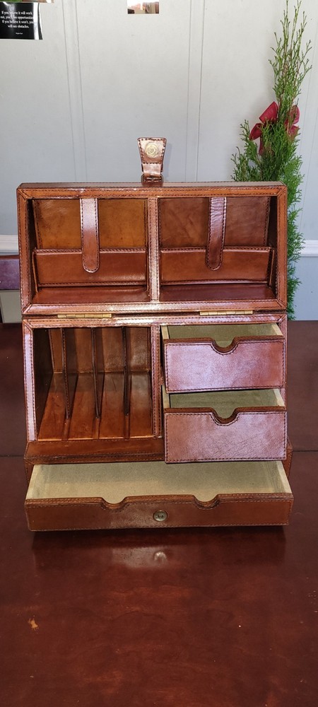 Antique Leather Bound Desk Organizer With Buckle Lock