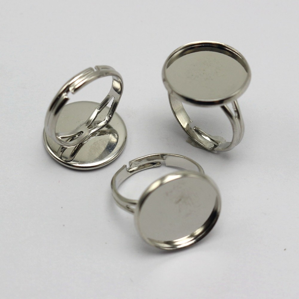 20 Silver Tone Adjustable Ring Round Blank Cabochon Pad Bezel Setting Cup 20mm