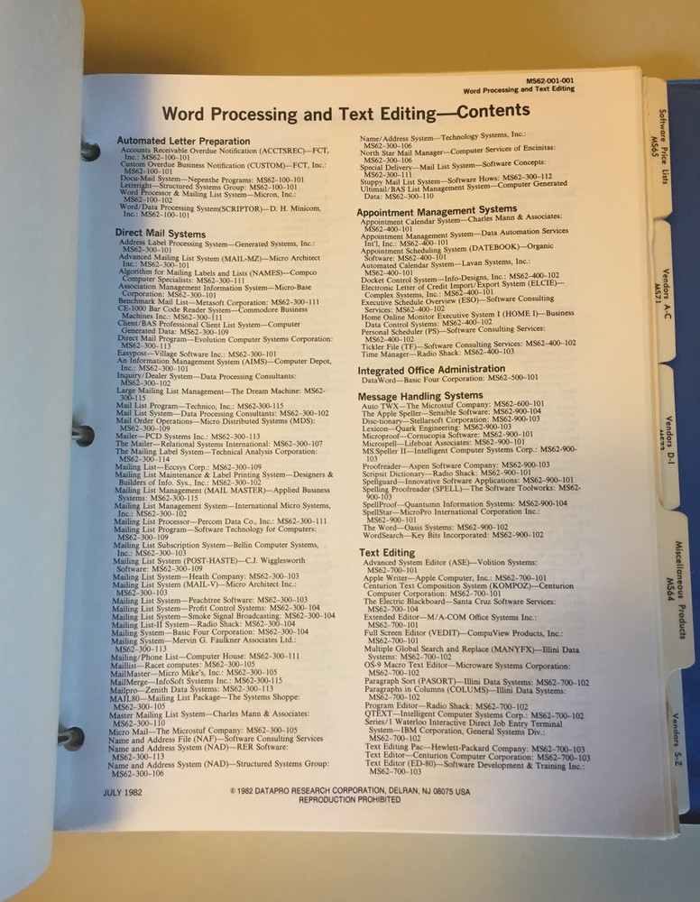 Vintage 1982 DATAPRO Directory Of Microcomputer Software Binder 1 & 2