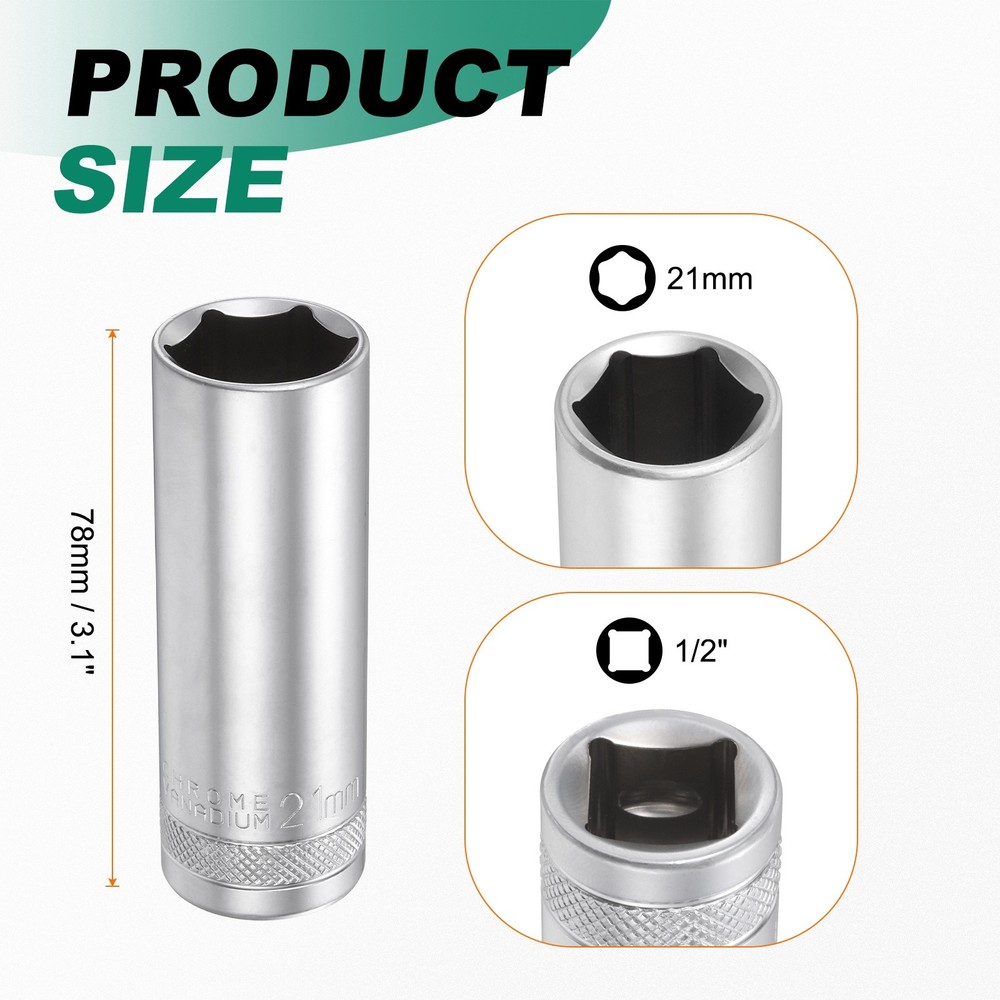 6 Points Deep Socket 1/2" Drive 21mm Nickel Plating Hex Socket 3.1" Long
