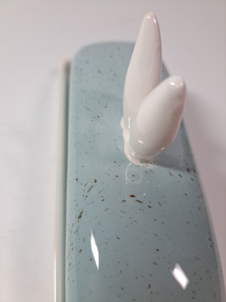 Pier 1 Speckled Blue & White Butter Dish With Bunny Ears Easter