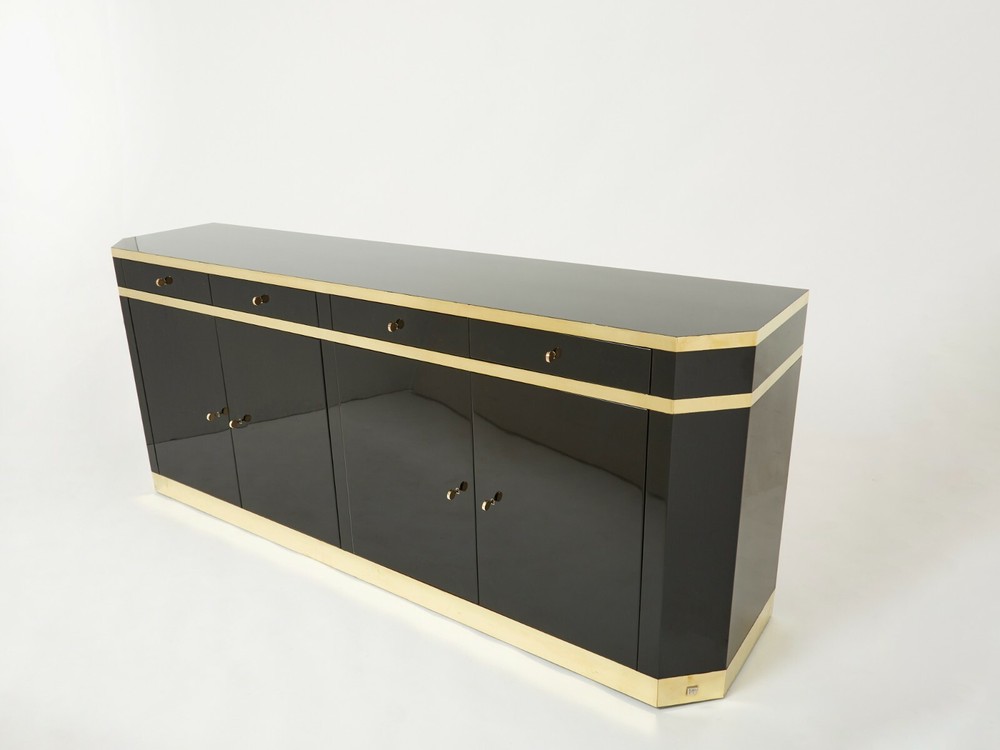 Signed J.C. Mahey brass black lacquered sideboard 1970s