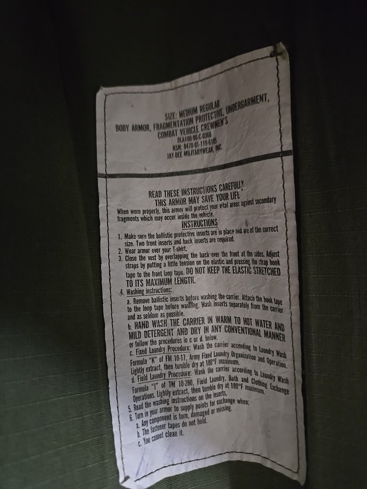 Body Armor Fragmentation Protective Combat Vehicle Crew Vest Medium