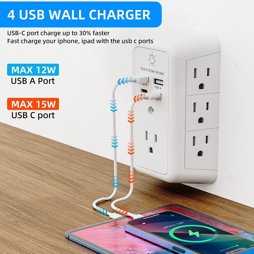 Wall Charger Surge Protector, Outlet Extender with Night Light, USB White