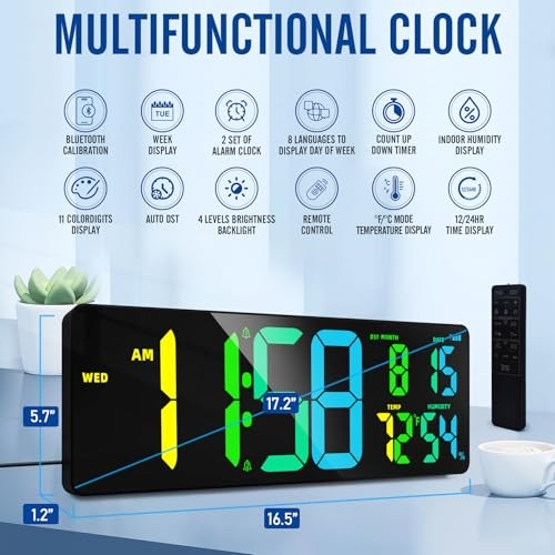 17.2'' Bluetooth Large Digital Wall Clock, LED Large Display Timer with Rgb