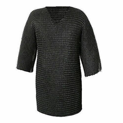 Medieval Flat Riveted Chain Mail Armor Shirt Black Chainmail Large Reenactment