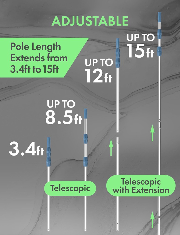 Swimming Pool Pole Telescopic Aluminum 15 ft Adjustable Length