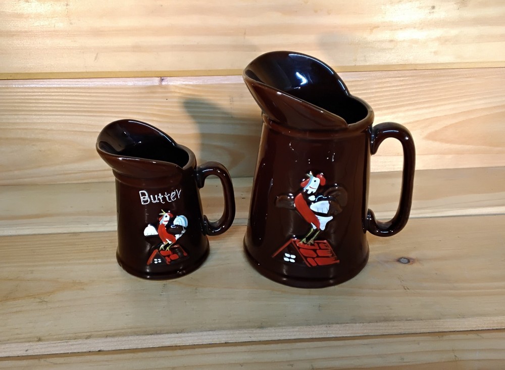 Vintage Redware Pottery Pancake Pitchers