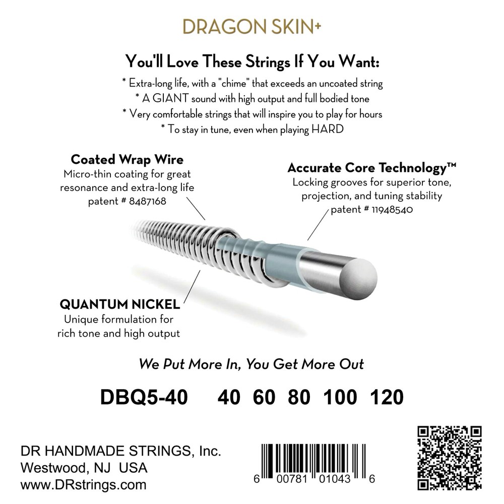 DR Strings DRAGON SKIN+ Bass Strings 5 String Light 40-120 [DBQ5-40]