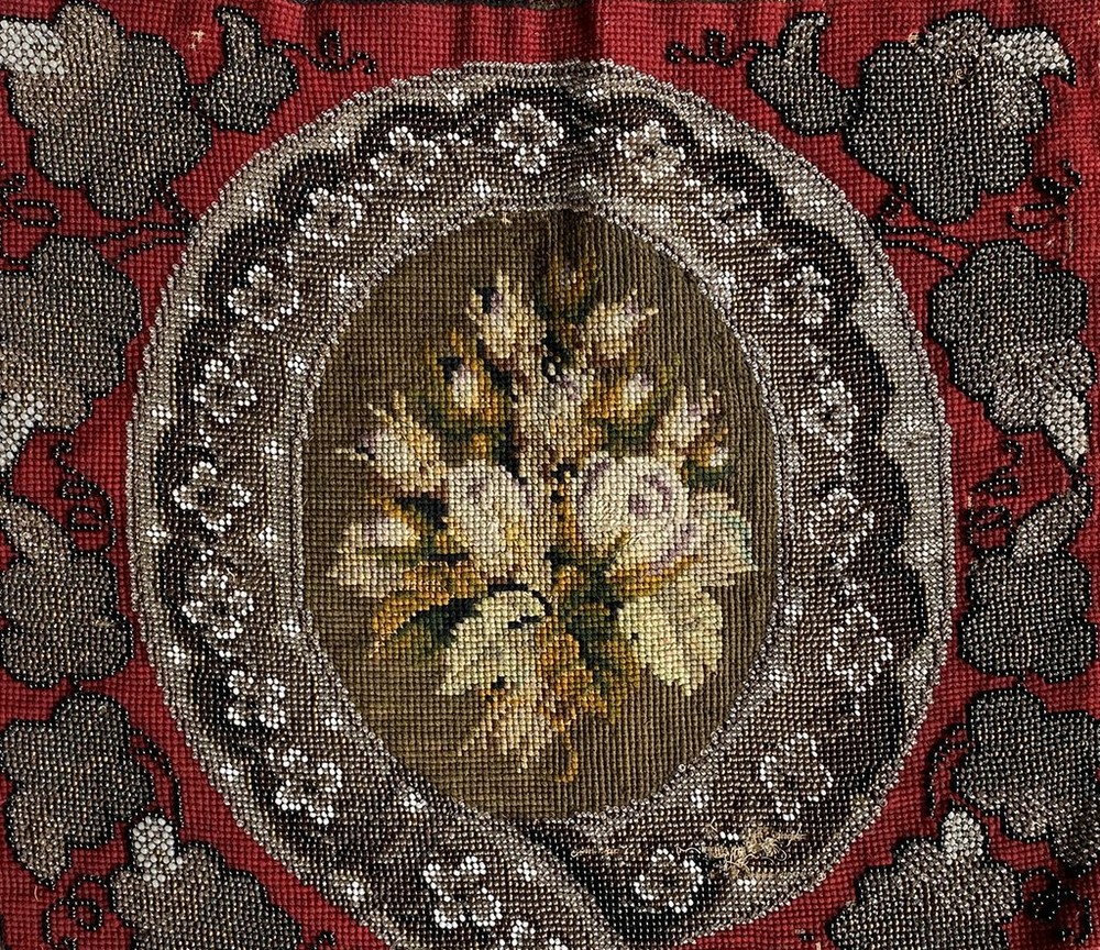 Antique Victorian Glass Beadwork and Needlepoint Fire Screen Panel for Pillow ?
