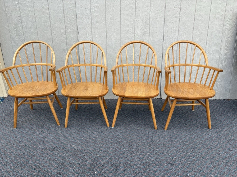 67248 Set 4 Solid Oak Windsor Dining Armchairs Chair s