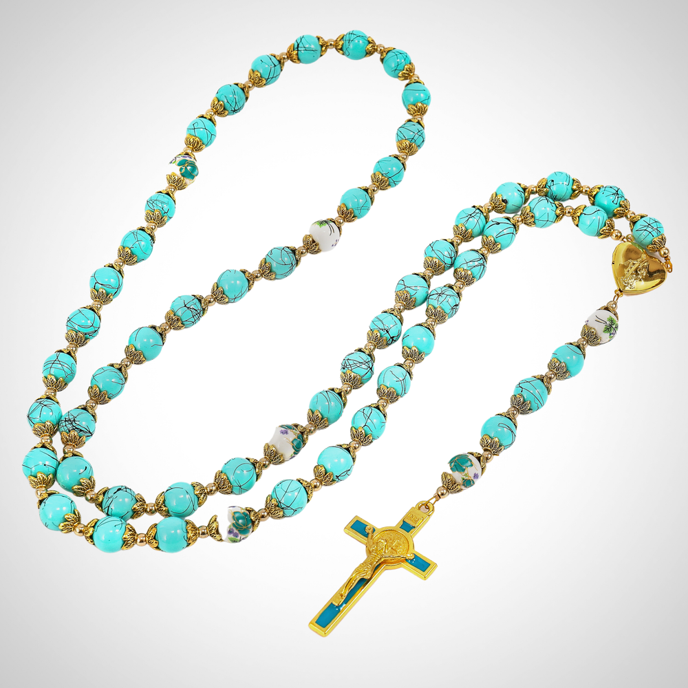 St. Benedict Turquoise Rosary Beads Catholic Necklace Flowers Mystery Beads