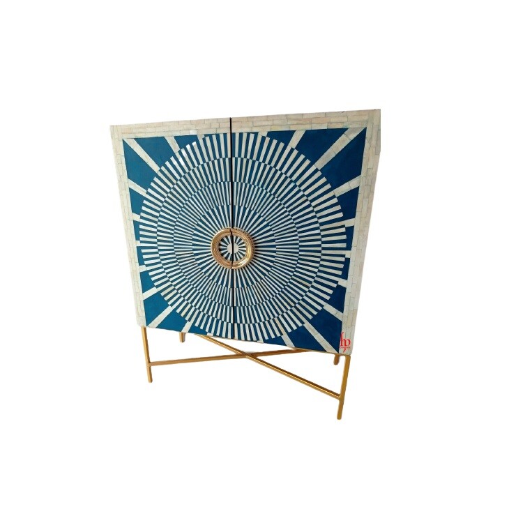 Handmade Bone Inlay Sun Burst Pattern Bar Cabinet for Home and Office Decor