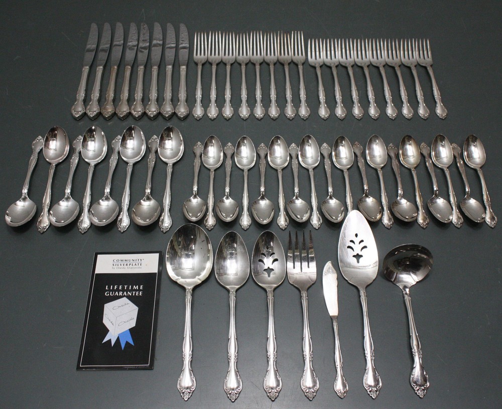 (57 Pieces) Oneida Community Flatware Set AFFECTION, Silverplate Silverware Lot