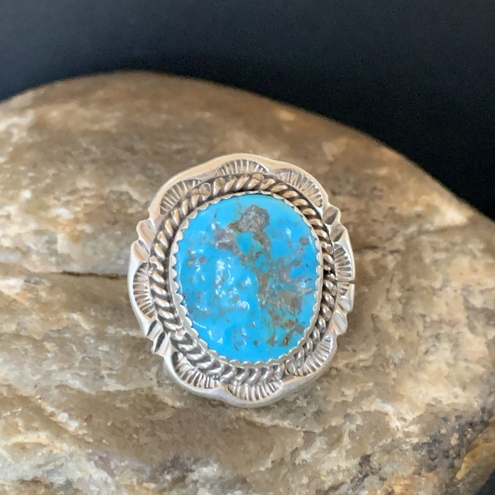 Blue Kingman Turquoise Navajo Sterling Silver Ring Size 8 12960