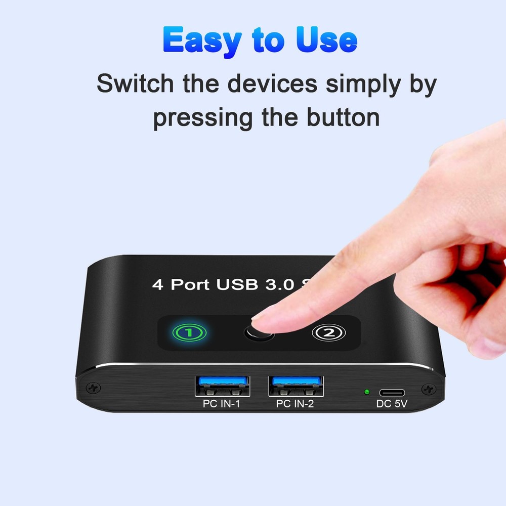 USB 3.0 Switch, 2 Computers Share 4 USB Devices, KVM Switcher, 2 USB Cables