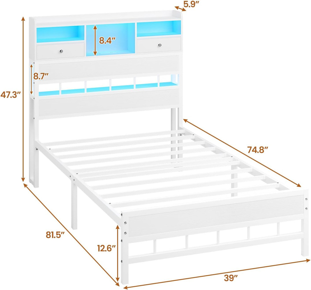 BTHFST Twin Bed Frames with Headboard & Charging Station, LED Bed Frame Twin wit