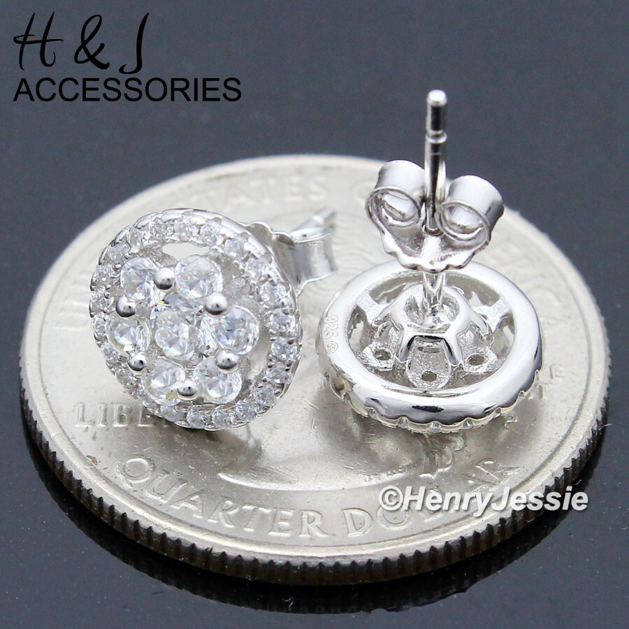 925 STERLING SILVER ICY BLING CZ 9MM SILVER ROUND PUSH BACK STUD EARRING*E145