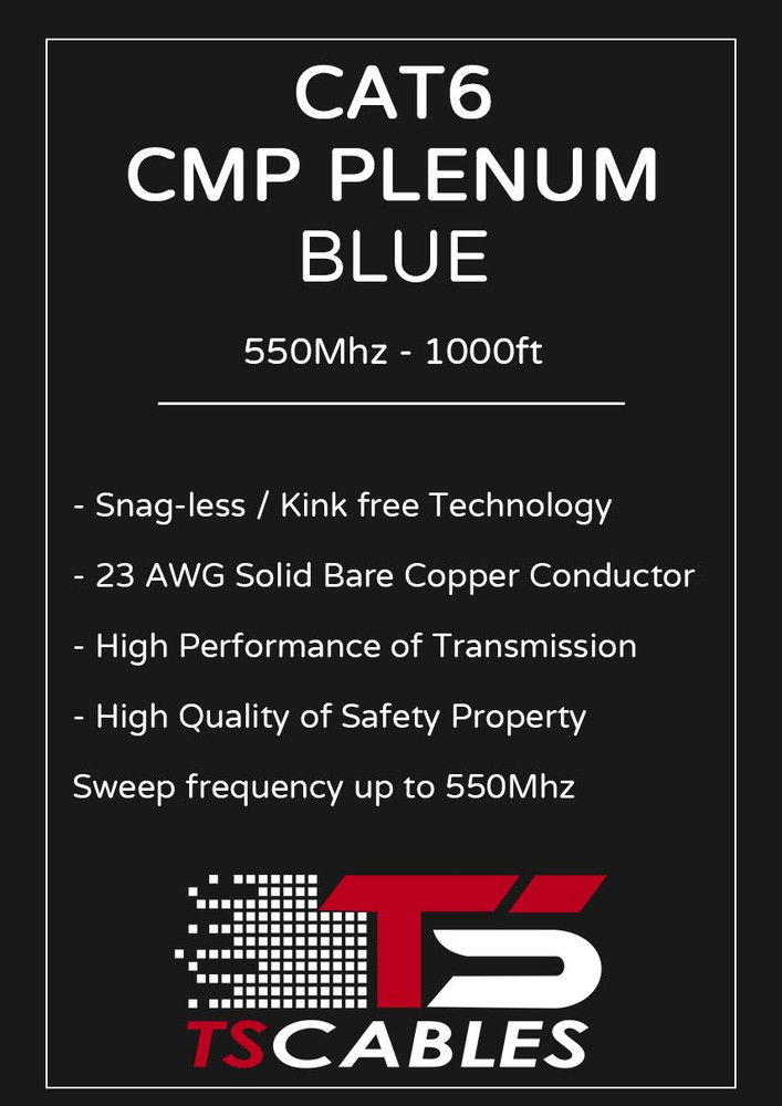 Tscables | Cat6 Plenum (CMP) 1000Ft Cable, 23AWG | 100% Solid Bare Copper | 550M