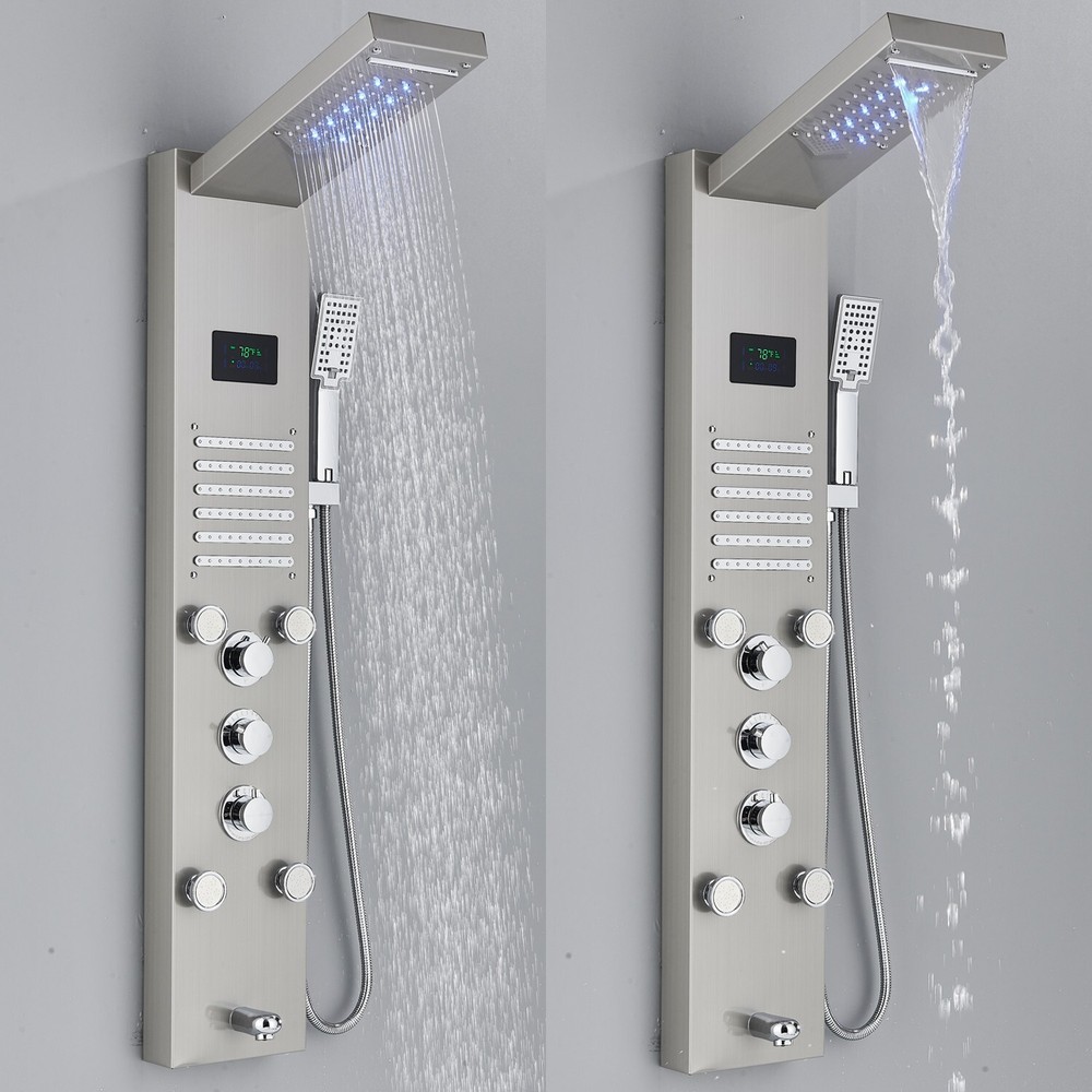ELLO&ALLO Led Rainfall&Waterfall Head Shower Panel Tower Massage Body System Jet