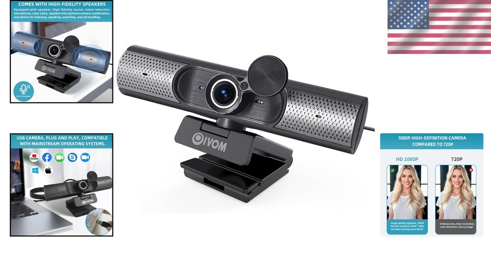 Webcam With Microphone and Speaker, 1080P Web Camera for Desktop Computer Lap...