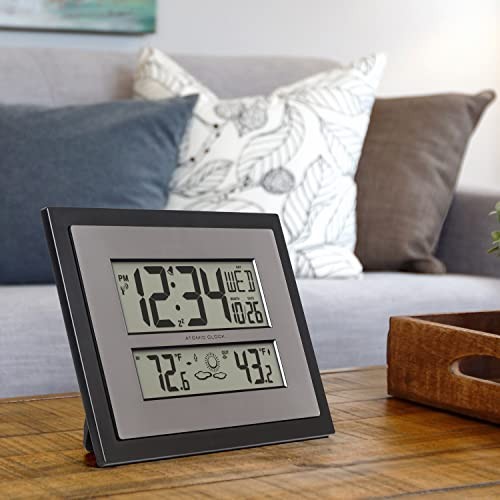512-85937-INT Atomic Digital Wall Clock with Temperature & Gray/Silver
