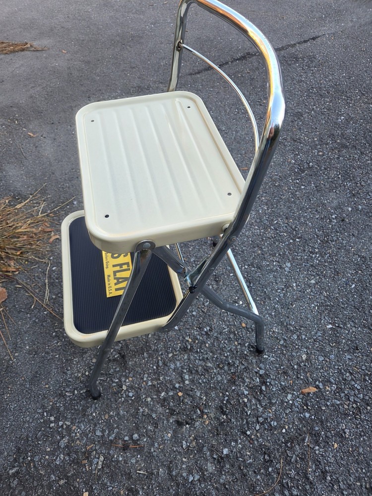 Vintage 1960s Folding Two Step Stool Chrome & Beige