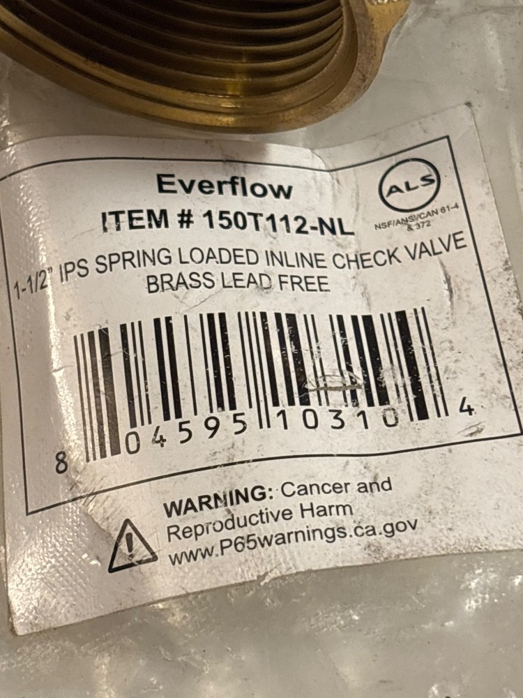 Everflow 150T112-NL Spring Loaded Inline Check Valve , Brass Lead Free